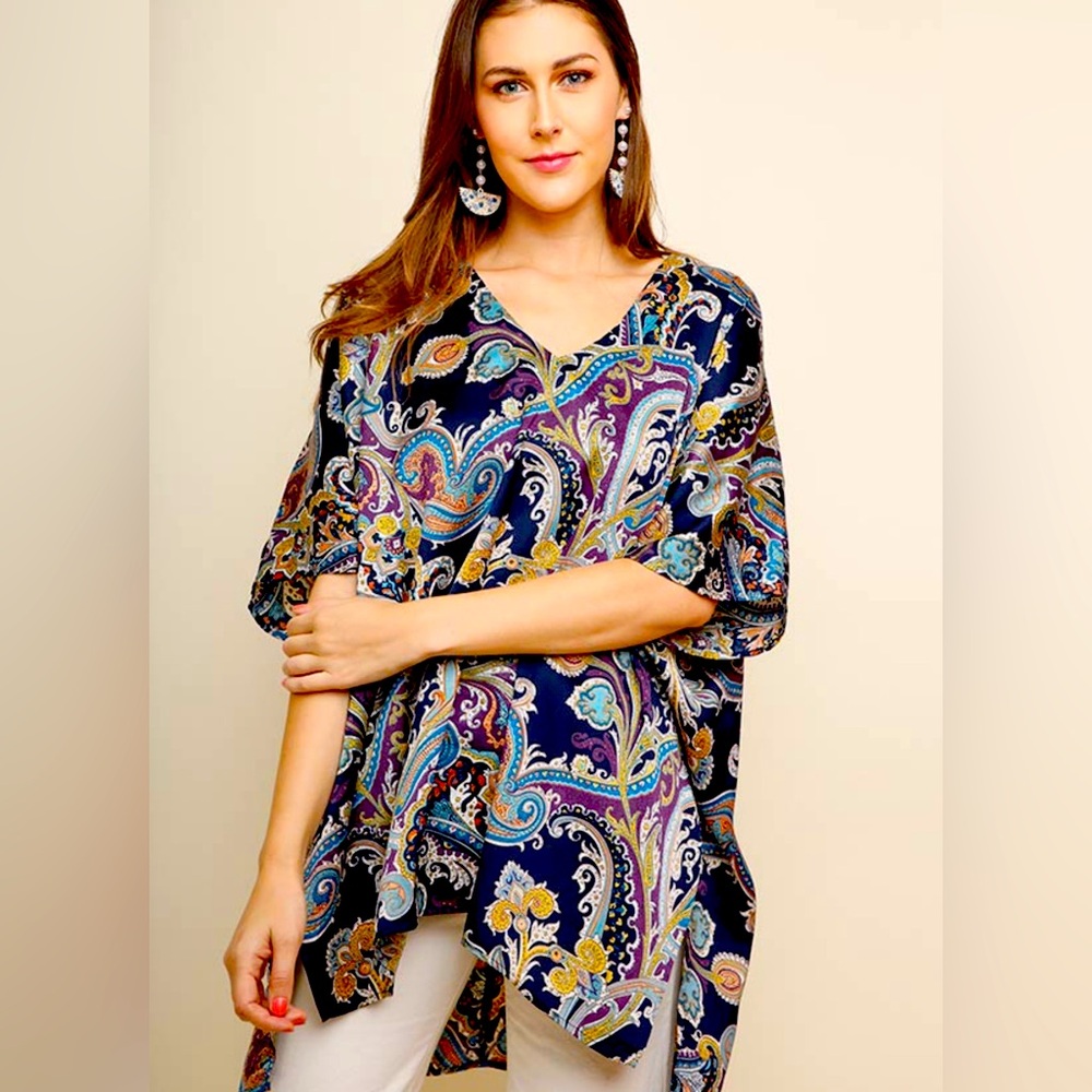 UMGEE Women’s Navy Blue Paisley short Sleeve V-Neck Satin Tunic Dress Size XL